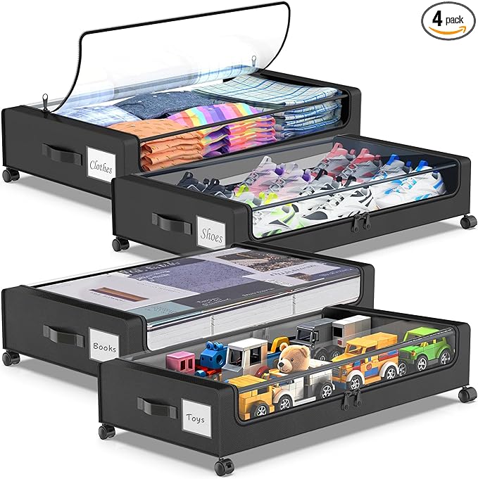 Beborxue Under Bed Storage with Wheels, 4-Pack UnderBed Storage Containers with Clear Lids, XXL 60L Under the Bed Storage Organizer Bins, Rolling Under Bed Metal Drawer for Clothes,Shoes,Toys (Black)