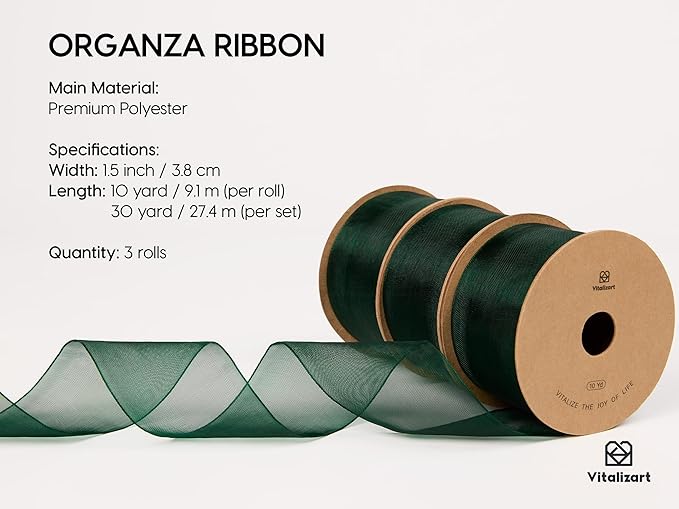 Vitalizart Green Organza Ribbon 1.5" x 30 Yd Sheer Ribbons Dark Green for Christmas Decor Gift Wrapping Crafts Bows Wedding Invitations Wreaths Bouquet