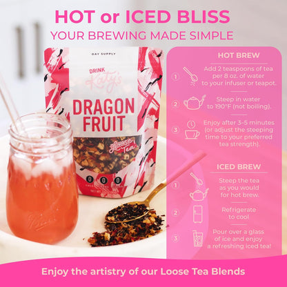 Katy’s Dragonfruit Loose Leaf Tea, Hydrating & Fruity Herbal Tea, Hibiscus, Dragonfruit & Pineapple, Caffeine-Free Fruit Tea, 30+ Cups, Hot or Iced