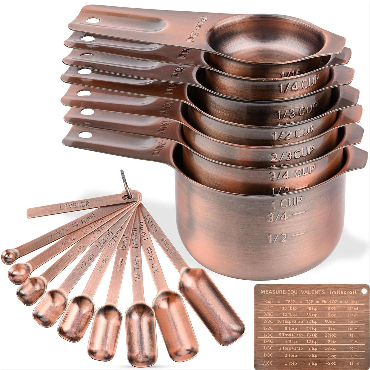 Smithcraft Measuring Cups and Spoons Set, Copper Measuring Cups and Spoons Set for Dry & Liquid
