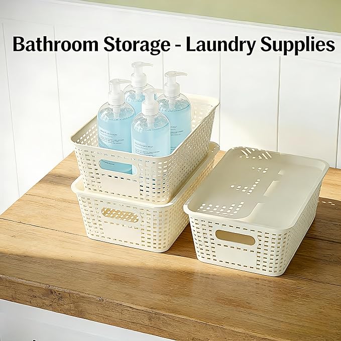 6-Pack Stackable Plastic Woven Storage Baskets with Lids, Hollow Out Weave Bins with Handles + 2 Kraft Labels (WhiteBasket+WhiteLid)