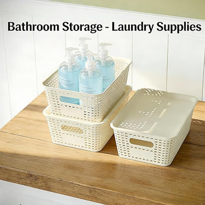 6-Pack Stackable Plastic Woven Storage Baskets with Lids, Hollow Out Weave Bins with Handles + 2 Kraft Labels (WhiteBasket+WhiteLid)