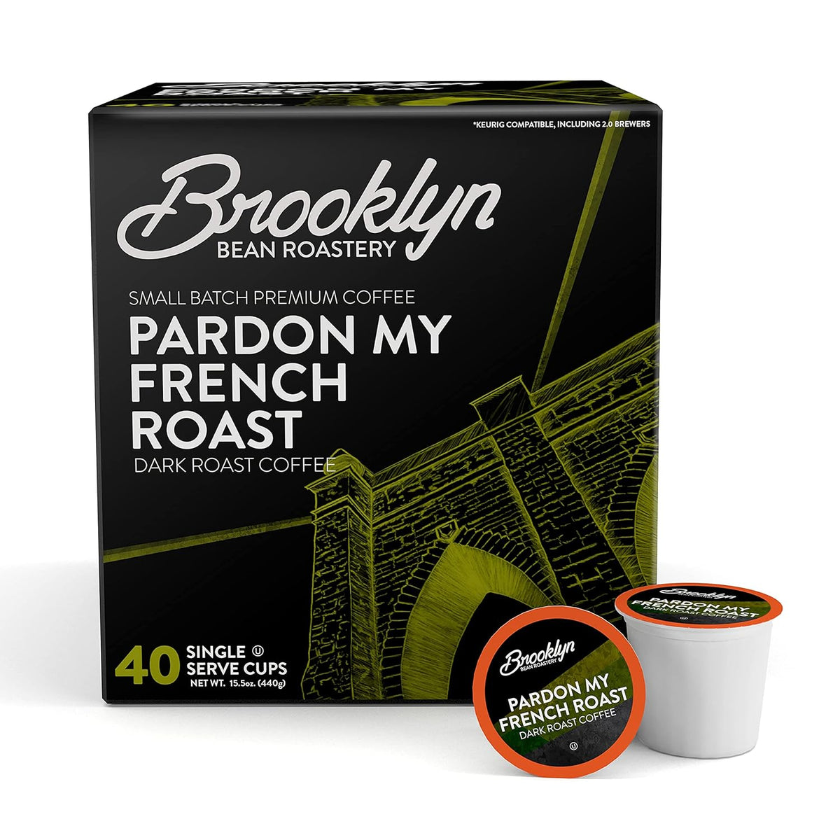 Brooklyn Beans French Roast Gourmet Coffee Pods - Compatible with Keurig K Cup Brewers Including 2.0 Machines, 40 Count, Dark Roast and Intense