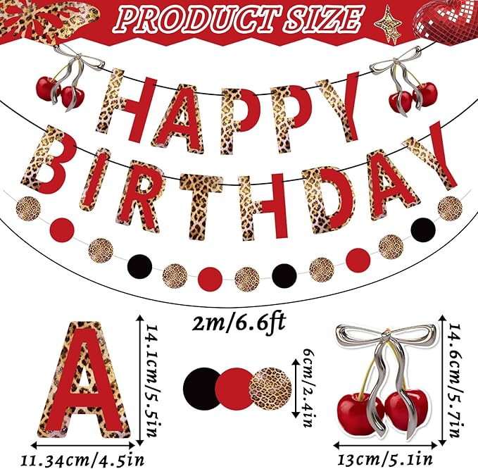 SUNBEAUTY Cheetah Birthday Party Decorations Cherry Cheetah Print Banner Leopard Hanging Swirls with Red and Black Cheetah Party Garland Foil Swirls Ceiling Safari Animal Birthday Party Decorations for Women Girls