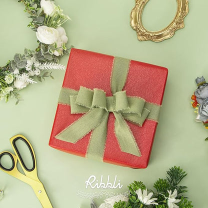 Ribbli 3 Rolls Sage Green Ribbon 1 Inch x 18 Yards Handmade Cotton Frayed Fringe Ribbons for Gift Wrapping Wedding Invites Bridal Bouquets Baby Shower DIY Crafts Home Decor