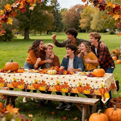 Fall Thanksgiving Plastic Tablecloths - 2 Pack Autumn Themed Pumpkins and Maple Leaves, 54" x 108" Disposable Tablecloths for Fall Thanksgiving Harvest Party Decorations