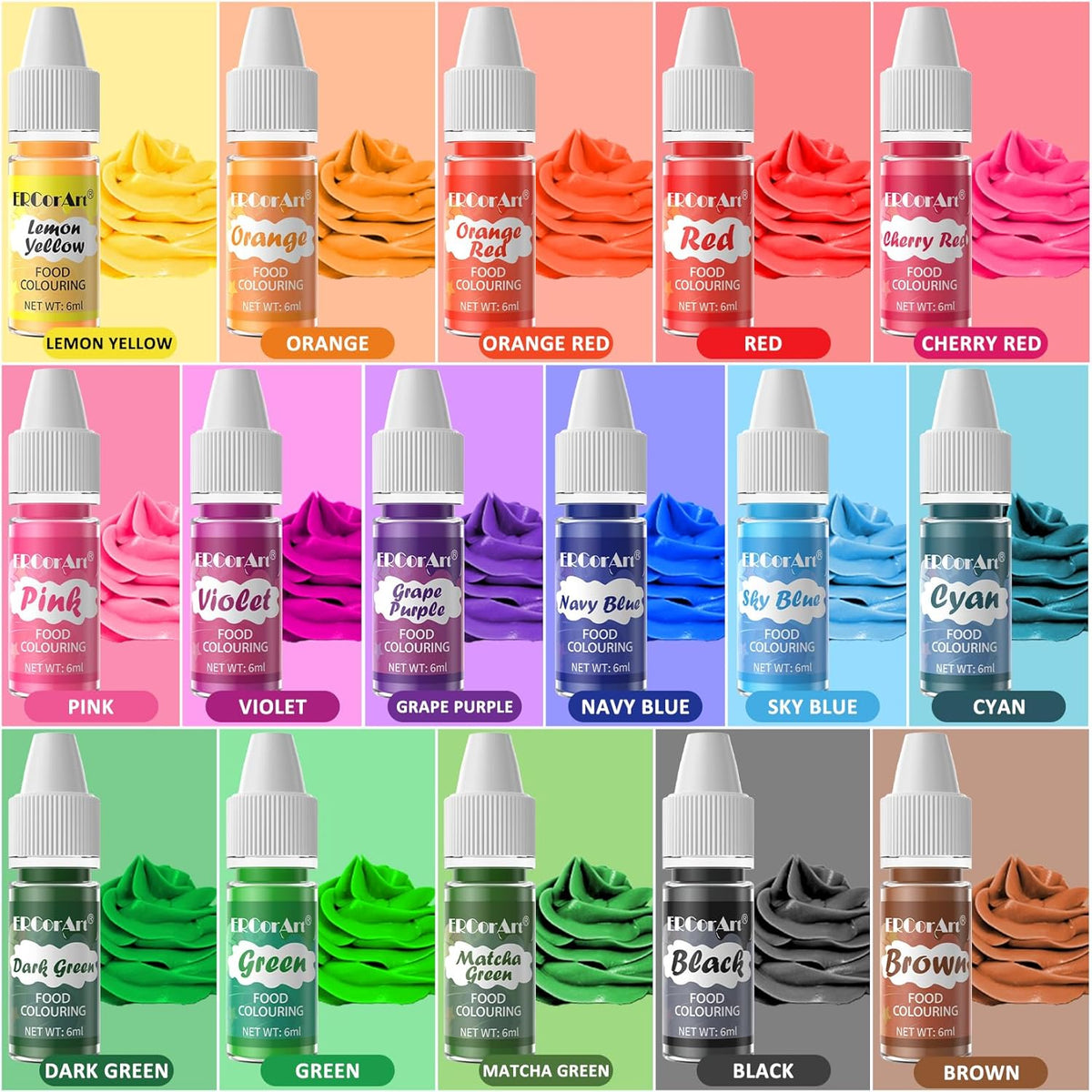 Food Coloring Liquid - ERCorArt 16 Colors Food Coloring, Food Grade Food Dye, Tasteless Food Color Set for Cake Decorating, Easter Egg, Cooking