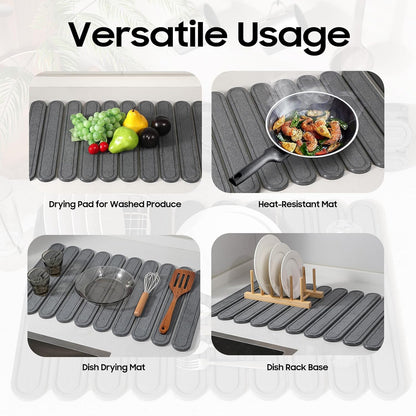 Stone Dish Drying Mat or Kitchen Counter, Quick Dry Stone Mat Kitchen for Dishes Bottles Cups, Large Foldable Diatomaceous Earth Dish Drying Mats Match Any Countertop, Dark Grey