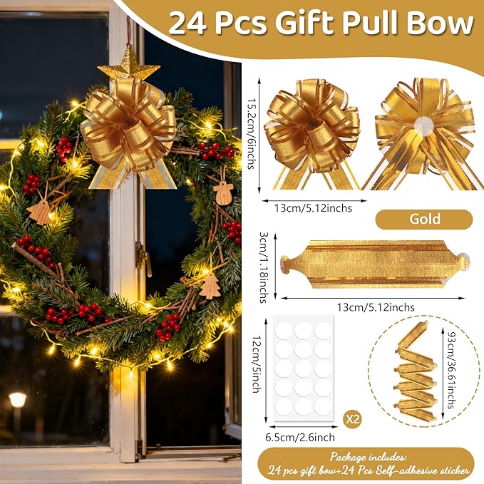 24pcs Gold Pull Bow for Gift Basket Wrapping Xmas Gift Bows Presents Adhesive Wrap Ribbon Bow for Christmas Tree Ornament Wine Bottles Bouquet Flower Valentine's Day Party Decor (Gold-G)
