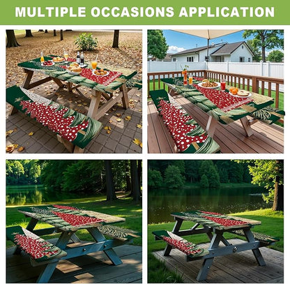 ANNA QUEEN 6FT Green Christmas Tree Picnic Table Cover Set 3PCS 72"x30", Waterproof Outdoor Bench and Tablecloth Furniture Protection for Camping Beach BBQ Patio Backyard