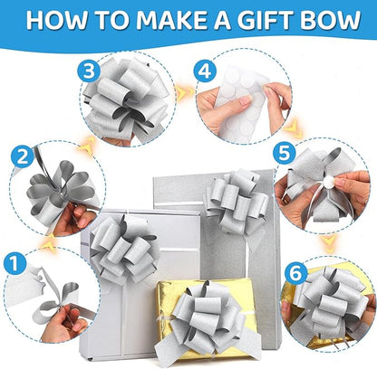 20 pcs Silver Pull Bow for Gift Basket Wrapping Xmas Gift Bows Presents Adhesive Wrap Ribbon Bow for Christmas Tree Ornament Wine Bottles Bouquet Flower Valentine's Day Party Decor (Silver-L)