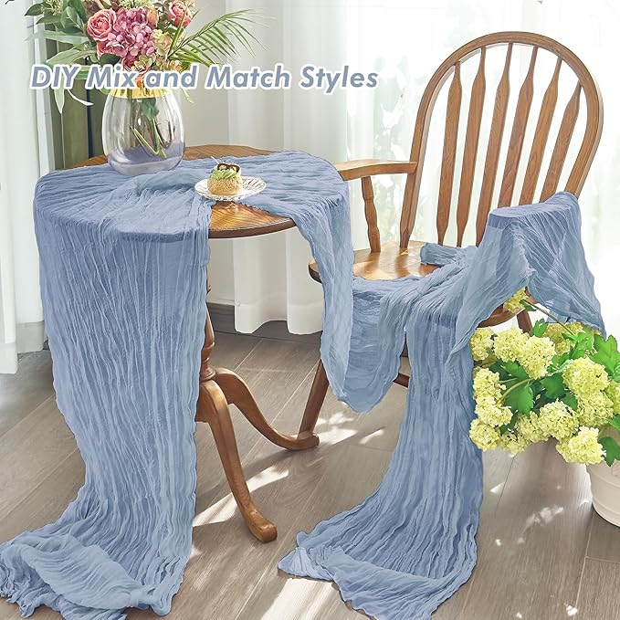 IVAPUPU 2 Pcs Cheesecloth Table Runner - 10ft Dusty Blue Spring Boho Gauze Cheese Cloth Table Runners for Baby Shower Decorations Wedding Party Garden Farmhouse