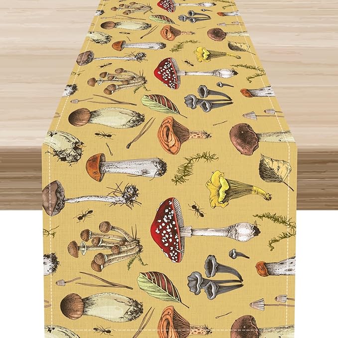 Mushroom Table Runner, Rustic Farmhouse Mushroom Fall Autumn Seasonal Country Coffee Table Center Decor for Home Kitchen Dining Patio Holiday Party Indoor Outdoor Table Decorations, 13"x90" Inch