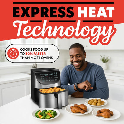 Gourmia Air Fryer Oven Digital Display 8 Quart Large AirFryer Cooker 12 Touch Cooking Presets, XL Air Fryer Basket 1700w Power Multifunction GAF856 Black and Stainless stainless steel air fryer