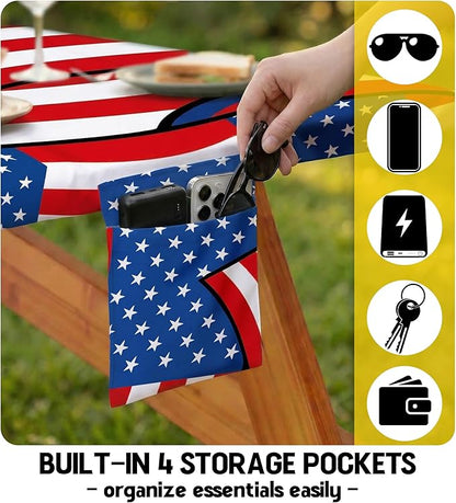 Picnic Table Cover with Bench Covers Waterproof Rectangle Tablecloth Camping Essentials Supplies Rv Travel Must Haves Gear Accessories Fitted Table Cloth Outdoor Road Trip Camper Gifts American Flag