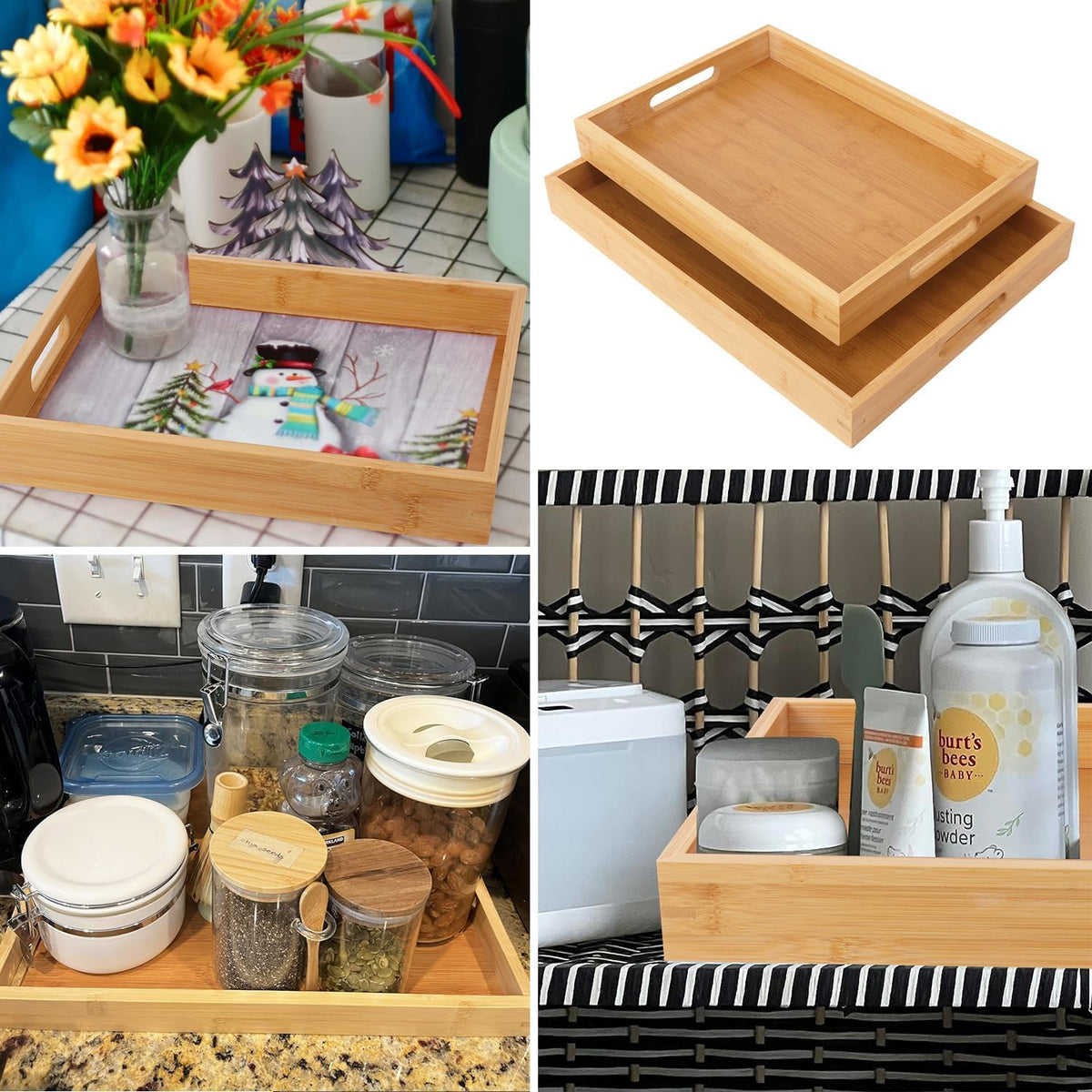 2 Pack Large Bamboo Serving Tray with Handles, 16 x 11.6 Inch and 14 x 10 inch Wooden Dinner Tray