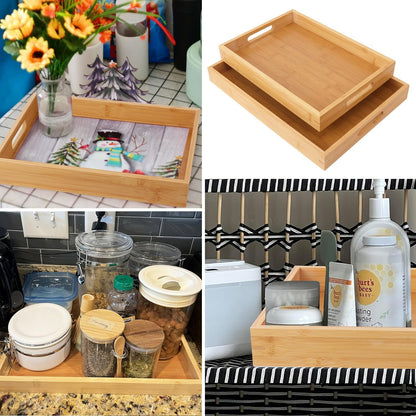 2 Pack Large Bamboo Serving Tray with Handles, 16 x 11.6 Inch and 14 x 10 inch Wooden Dinner Tray