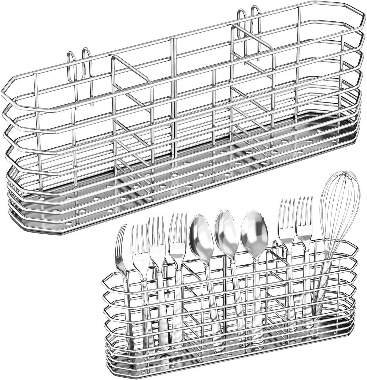 304 Stainless Steel Utensil Holder, Silverware Drying Rack with Hooks for Dish Drainer, Knife and Fork Drainer Basket with 3 Divided Compartments, Kitchen Drainage Basket Accessories, Rust Proof