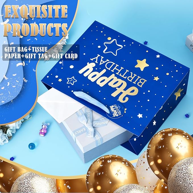 Powbrace 13" Blue Happy Birthday Gift Bag with Tissue Paper and Greeting Card for Party,Happy Birthday Gift Bag for Men Women,Gift Bags Medium size(1 PCS Blue Hot Stamping)