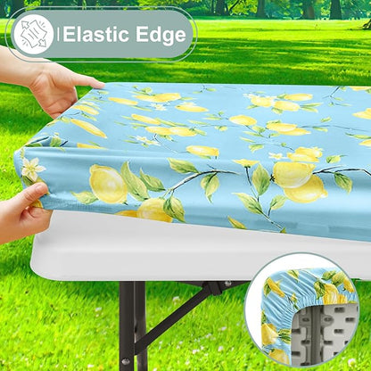 misaya Picnic Table Cover with Bench Cover, Waterproof Elastic Fitted Tablecloth for 5 Foot Tables, Rectangle Washable Polyester Fabric Tablecloths for Picnic, Camping, Outdoor (Lemon, 30" x 60")