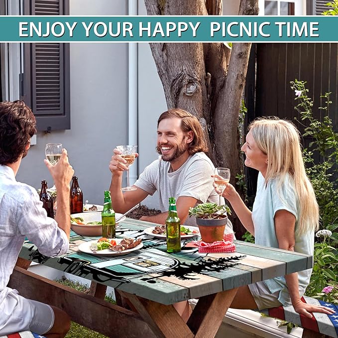 Picnic Table Cover with Bench Covers 6FT Outdoor Camping Essentials Waterproof Fitted Picnic Table Cloth Wood Texture Fitted Picnic Tablecloth with Elastic(3pcs-72")