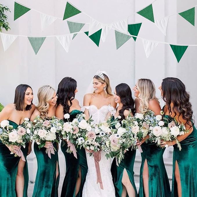 Zwiebeco 32Ft Green White Stripe Dot Fabric Bunting Banner Triangle Flags Cotton Garland Pennant for Birthday Wedding Baby Shower Hen Spring Tea Party Classroom Nursery Home Outdoor Garden Decorations