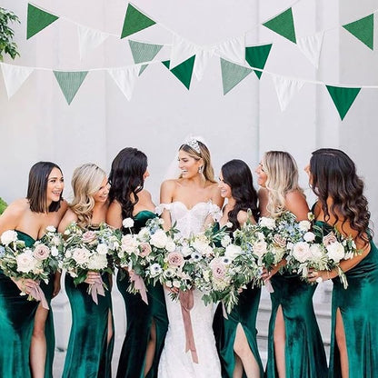 Zwiebeco 32Ft Green White Stripe Dot Fabric Bunting Banner Triangle Flags Cotton Garland Pennant for Birthday Wedding Baby Shower Hen Spring Tea Party Classroom Nursery Home Outdoor Garden Decorations