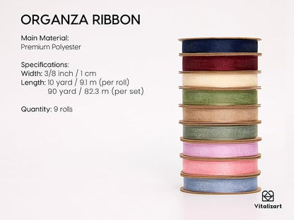 Vitalizart 3/8" x 90 Yards Organza Ribbon Pastel Color 9 Rolls x 10 Yd Sheer Ribbon for Gift Wrapping Crafts Christmas Tree Bows Wedding Invitations Wreaths Party Decor Bouquet DIY Projects