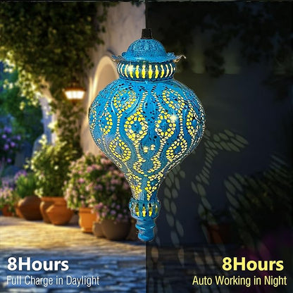 Moroccan Solar Lanterns Outdoor Waterproof Blue Hanging Lanterns Outdoor Ramadan Garden Decor Gardening Gifts for Women Mom Grandma Solar Lights for Patio, Pathway, Yard, Porch, Backyard.
