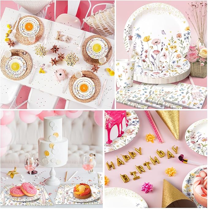 Kinovo 202PCS Wildflower Party Decorations Set with Banner, Balloons, Plates, Cups, Napkins, Tablecloth & Cutlery - Floral Baby Shower Birthday Supplies for 24 Guests