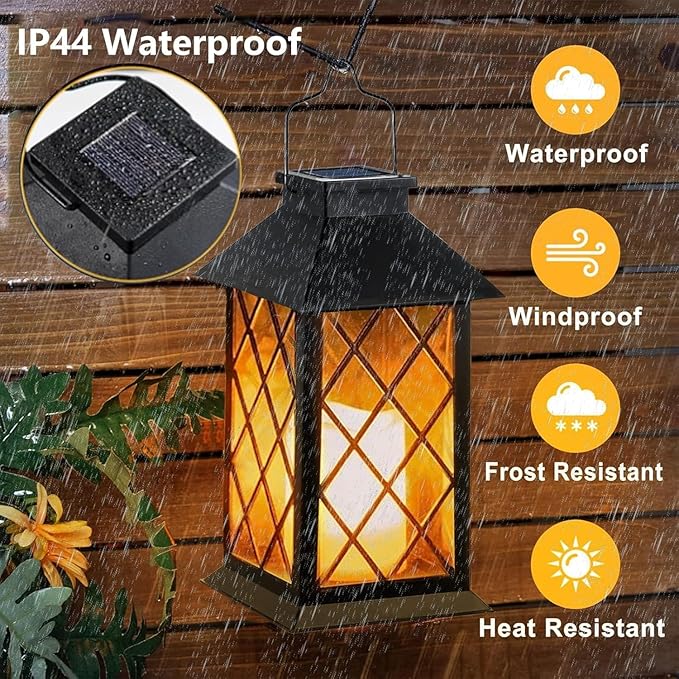 Solar Lanterns Outdoor Waterproof, 2 Pack 9" Glass Hanging Solar Lights with Flickering Flameless Candle, Outdoor Lanterns for Patio Wall Porch Table Garden Tree, Gift for Women Mom - Black