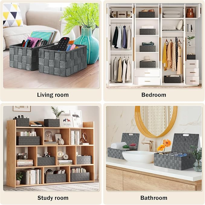 Uvellgift Storage Bins with Lids, Woven Storage Box Organizer Containers Decorative Baskets Cube for Clothes Bedroom Closet Office (5 Pack, Grey)
