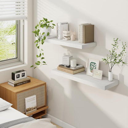 Fun Memories 9.3Inch Deep Floating Shelves for Wall, 30 Inch Rustic Wood Wall Mounted Shelves for Bathroom, Bedroom, Kitchen, Deep Floating Shelf for Storage &amp; Home Decor (White, Set of 2)