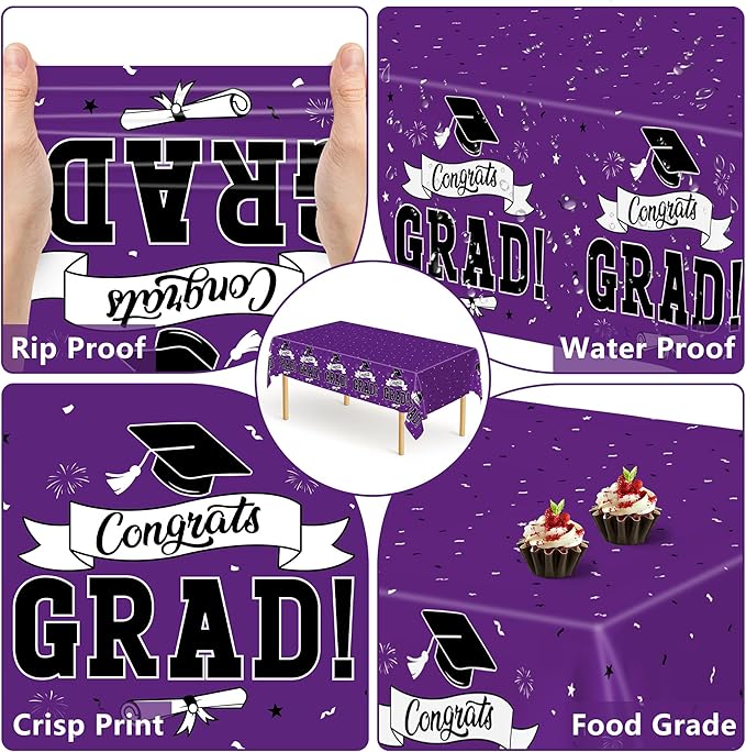 2 Pcs Graduation Tablecloth, 108" X 54" Plastic Graduation Decorations 2026, Rectangle Purple Table Cloths for Grad Decor Party Supplies, Disposable Tablecover for Class of 2026 Congrats Grad for kids
