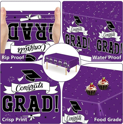 2 Pcs Graduation Tablecloth, 108" X 54" Plastic Graduation Decorations 2026, Rectangle Purple Table Cloths for Grad Decor Party Supplies, Disposable Tablecover for Class of 2026 Congrats Grad for kids
