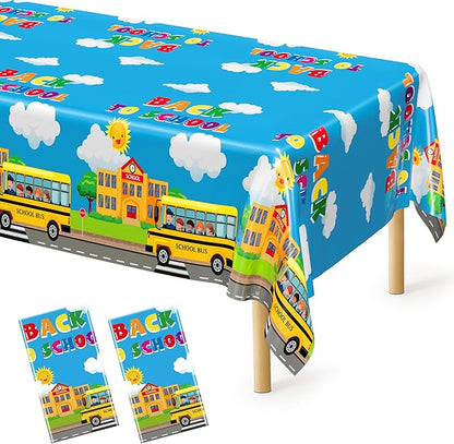 Back to School Supplies, 2 PCS 108 x 54 Inches First Day of School Tablecloth, Disposable Colorful Welcome Back to School Plastic Rectangle School Bus Pattern Tablecover for Preschool Party Decoration