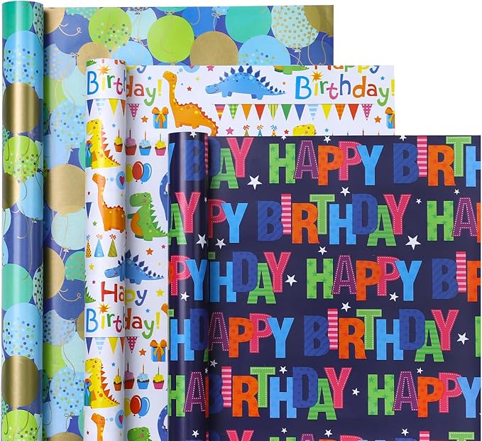 WRAPAHOLIC Dinosaur Birthday Wrapping Paper Roll - Mini Roll - 3 Rolls - 17 inch x 120 inch Per roll - Happy Bday Wrapping Paper for Kids Boys Birthday, Baby Shower, Dinosaur Lover