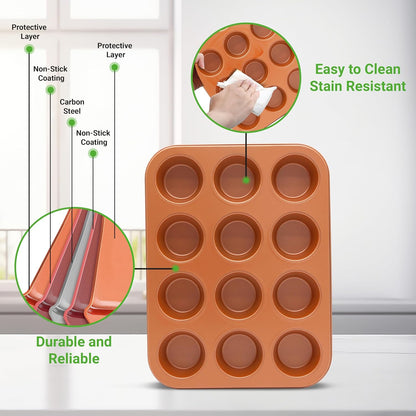 NutriChef 12-cup Copper Oven Muffin Pan, Non-Stick Coated Layer Surface, Even Heating Muffin Tray for Muffins, Cupcakes, Pastries & Mini Pies