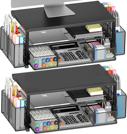 OPNICE Desk Organizer and Accessories, 2-Tier Computer Monitor Stand Riser with Drawer and 2 Pen Holders, Laptop Stand, Office Desk Accessories for Office Supplies, Black 2-Pack