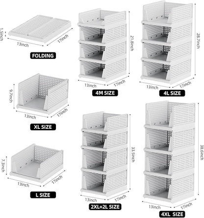 Clothes Organizers and Storage, 4 Packs Stackable Plastic Storage Basket for Closet, Stackable Plastic Storage Bins Storage Box Closet Shelf for Bathroom Kitchen Office, 4XL