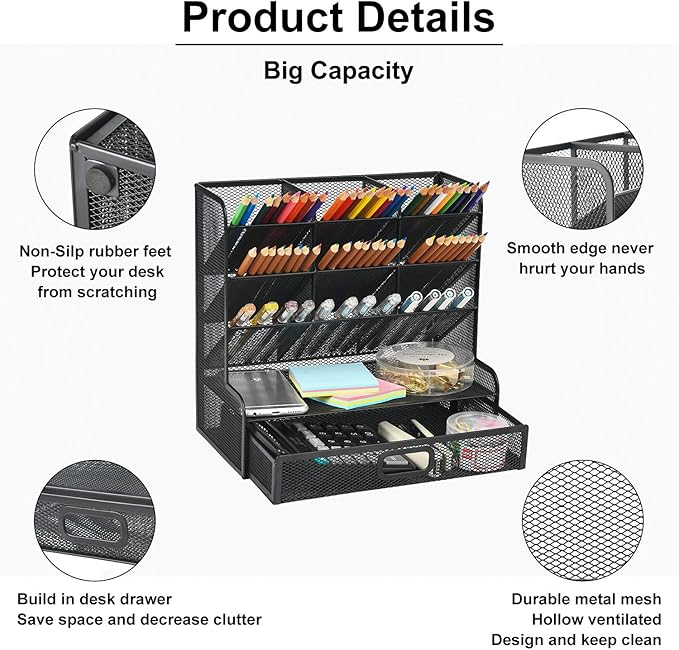 Marbrasse Mesh Pen Holder for Desk, Multi-Functional Pencil Organizer with Drawer, Desk Organizers and Accessories for Office Art Supplies (Large Black)