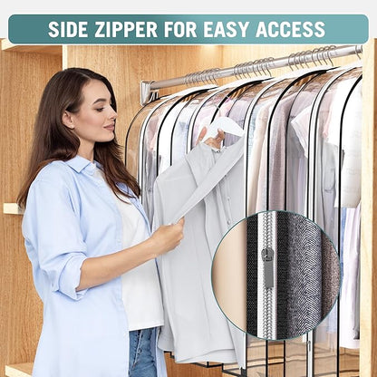 Liuoud Clear Garment Bag for Hanging Clothes 10” Gusseted, 32” Suit Bags for Open Closet Storage Plastic Clothes Cover for Coat, Dress, Shirts, Fur, Jacket, Wardrobe Protectors, 4 Pack