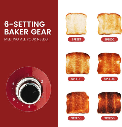 2 Slice Toaster Retro Stainless Steel with Bagel, Cancel, and Defrost Functions, 6 Bread Shade Settings, Extra Wide Slots and Removable Crumb Tray, Red