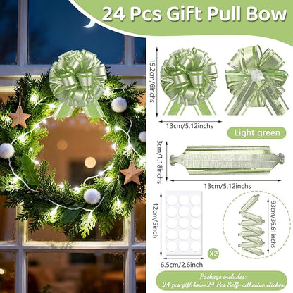 24pcs Light Green Pull Bow for Gift Basket Wrapping Xmas Gift Bows Presents Adhesive Wrap Ribbon Bow for Christmas Tree Bottles Bouquet Flower Valentine's Day Party Decor (Light Green-G)