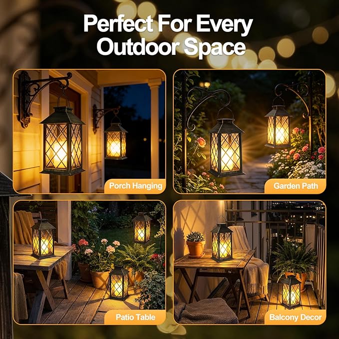 Solar Lanterns Outdoor Waterproof - 2 Pack 14" Large Hanging Solar Lantern with Glass Flickering Flame, IP65 Weatherproof Decorative Lanterns for Garden, Patio, Yard, Porch, Balcony, Gifts Mom Wife