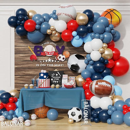 Dusty Blue Sport Theme Birthday Party Balloons Garland Arch Kit with 149pcs Football Vollyball Soccer Baseball Basketball Party Balloons for Sport Favor Theme Birthday Party Decorations (Colorful)