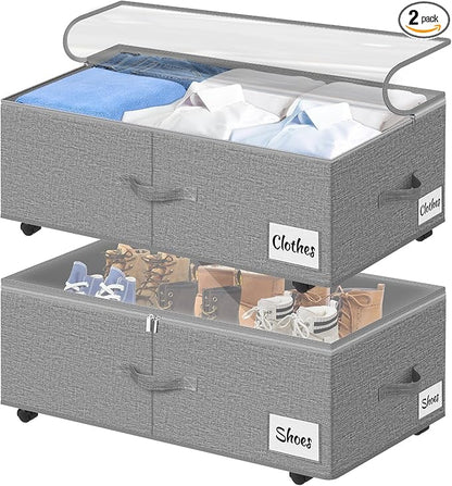 Under Bed Storage with Wheels, 2-Pack 10" Height XXL 60L Rolling Storage Bins, Quick Assembly Underbed Shoe Storage Containers with Clear Lid & Label, Dorm Under Bed Drawers for Clothes, Shoes, Grey