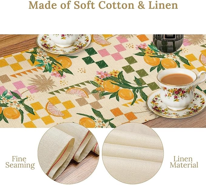 Tropical Summer Fruit Table Runner, Orange Square Grid Lemon Beach Ocean Table Runner for Kitchen Dining Party Holiday Home 13x70in