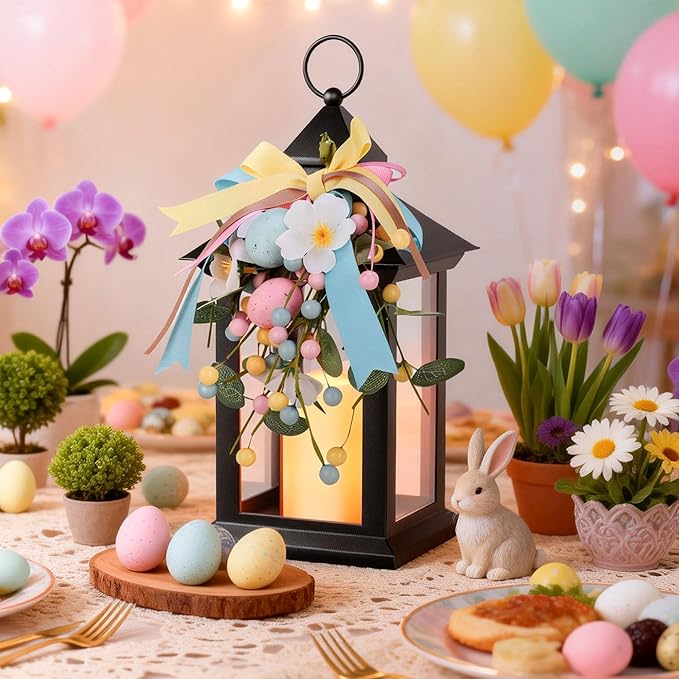 Easter Decorative Candle Lanterns, Battery Operated with Timer, 2 Pack Black Easter Egg Lanterns, 14" Waterproof Hanging Lanterns for Porch, Patio, Wedding Spring Decor