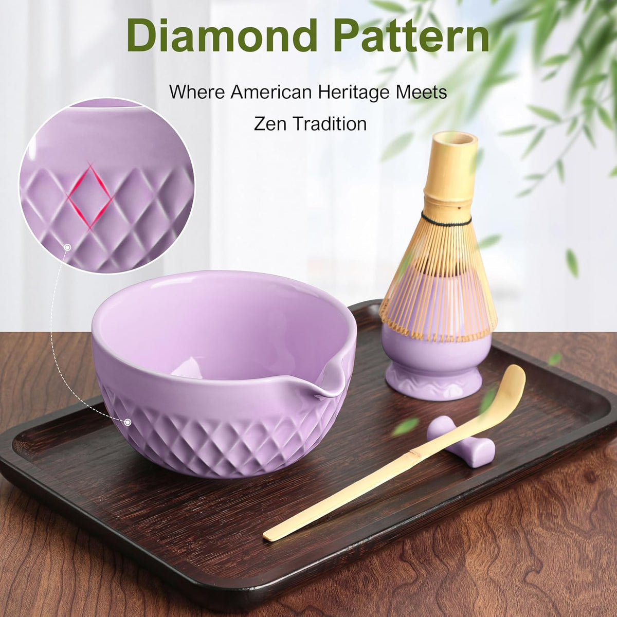 Matcha Whisk Set, 7 Pcs Matcha Kit, Ceramic Matcha Set Includes Matcha Bowl with Spout, Matcha Whisk and Holder, Bamboo Scoop, Scoop Rest, Sifter and Tea Towel (Royal Purple)